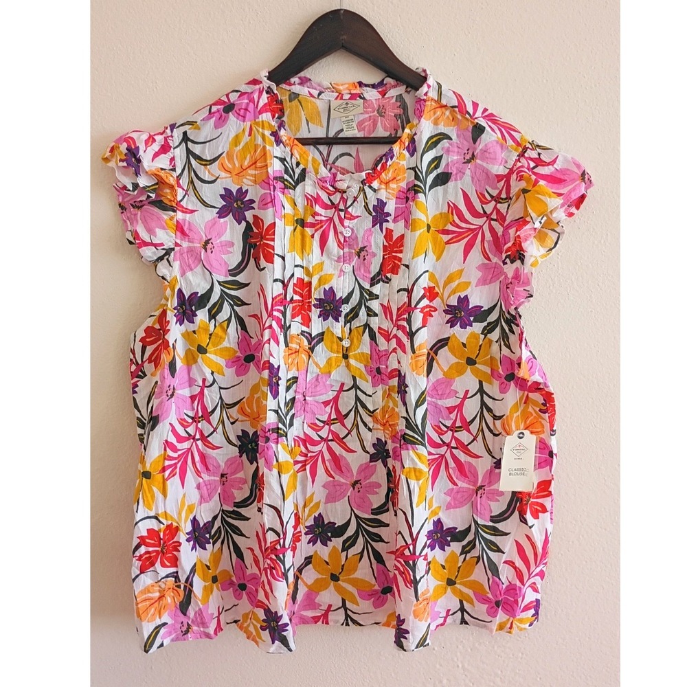 St Johns Bay Multicolor Pink Tropical Floral Ruffle Sleeve Pintuck Blouse 2X